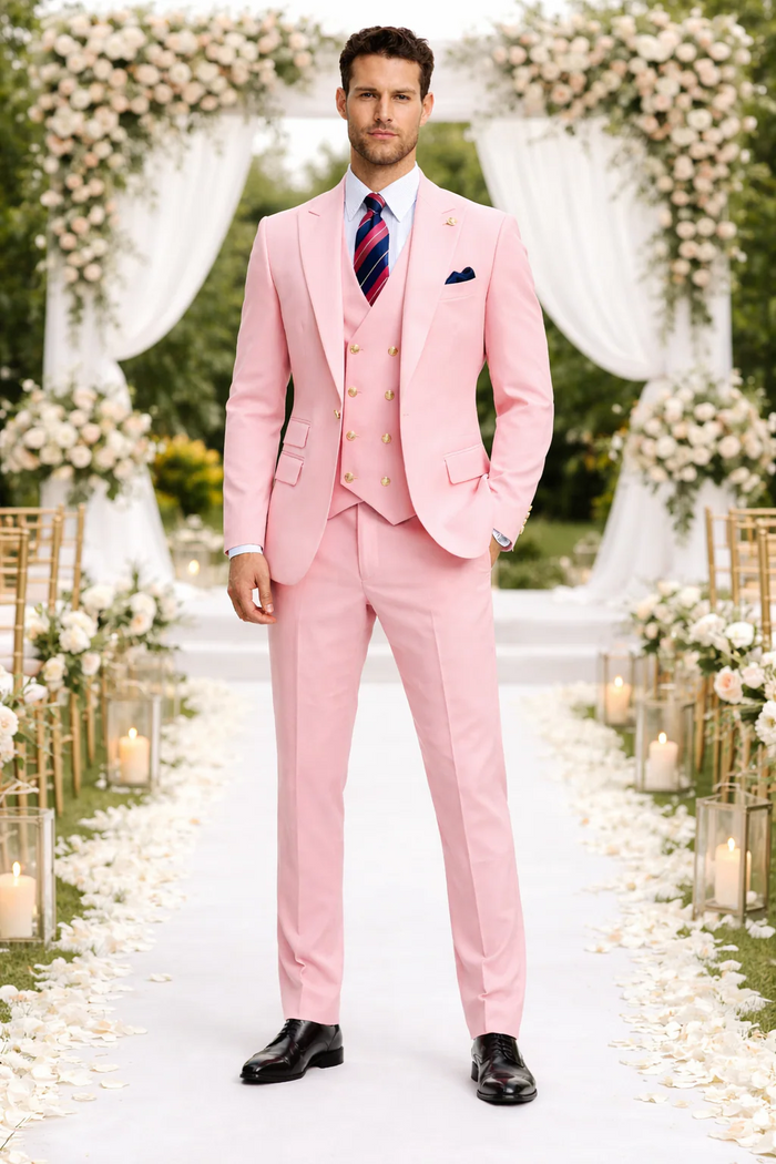 Rossiman Men’s Pink Suit - 1-Button Peak Lapel Jacket & Double-Breasted Vest - Italian Tailored 3-Piece Luxury Suit USA Men's Outlet