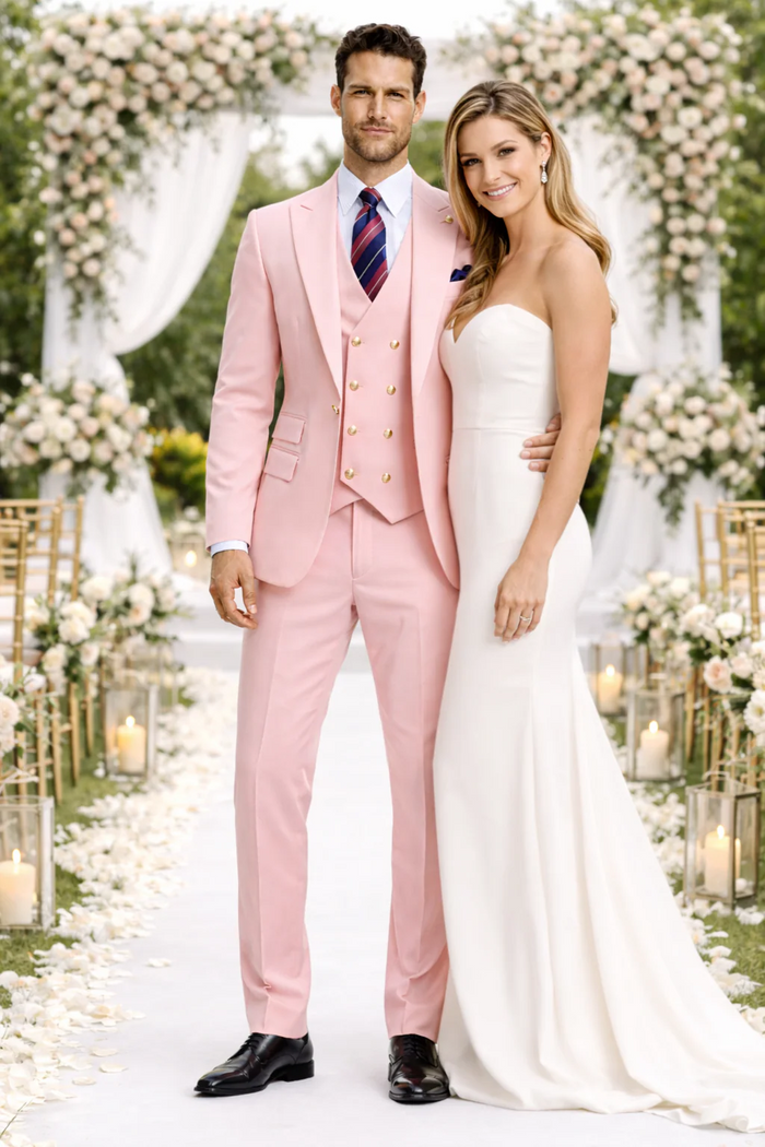 Rossiman Men’s Pink Suit - 1-Button Peak Lapel Jacket & Double-Breasted Vest - Italian Tailored 3-Piece Luxury Suit USA Men's Outlet