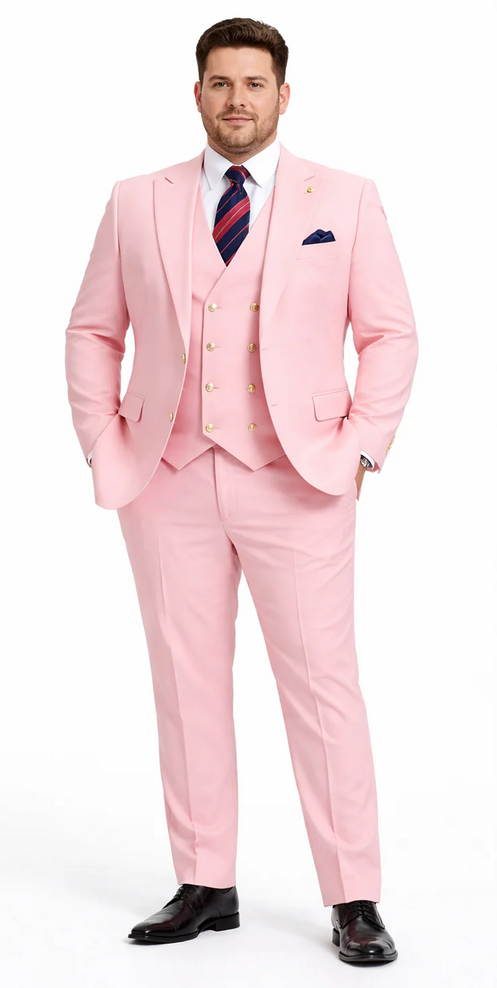 Rossiman Men’s Pink Suit - 1-Button Peak Lapel Jacket & Double-Breasted Vest - Italian Tailored 3-Piece Luxury Suit USA Men's Outlet