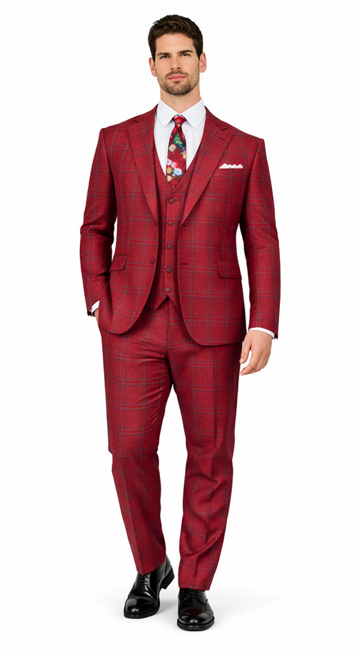 Rossiman Men’s Red & Blue Plaid Double-Breasted Suit - Two-Piece Formalwear by USA Men's Outlet