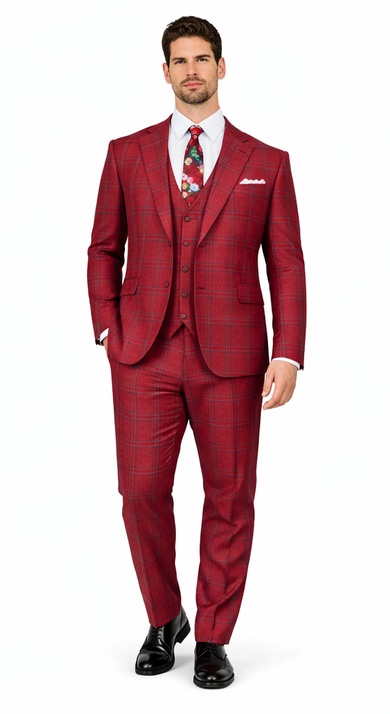 Rossiman Men’s Red & Blue Plaid Double-Breasted Suit - Two-Piece Formalwear by USA Men's Outlet