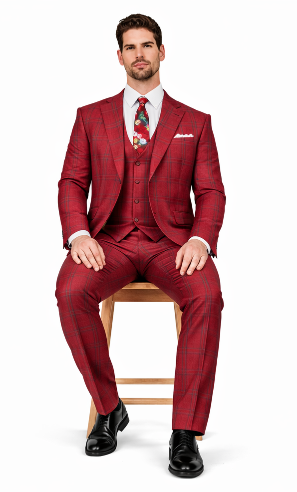 Rossiman Men’s Red & Blue Plaid Double-Breasted Suit - Two-Piece Formalwear by USA Men's Outlet