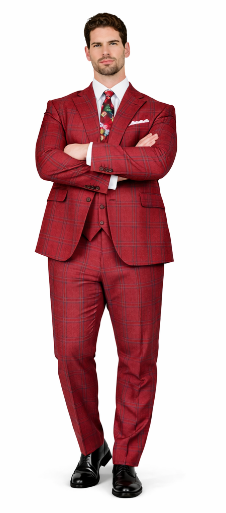 Rossiman Men’s Red & Blue Plaid Double-Breasted Suit - Two-Piece Formalwear by USA Men's Outlet