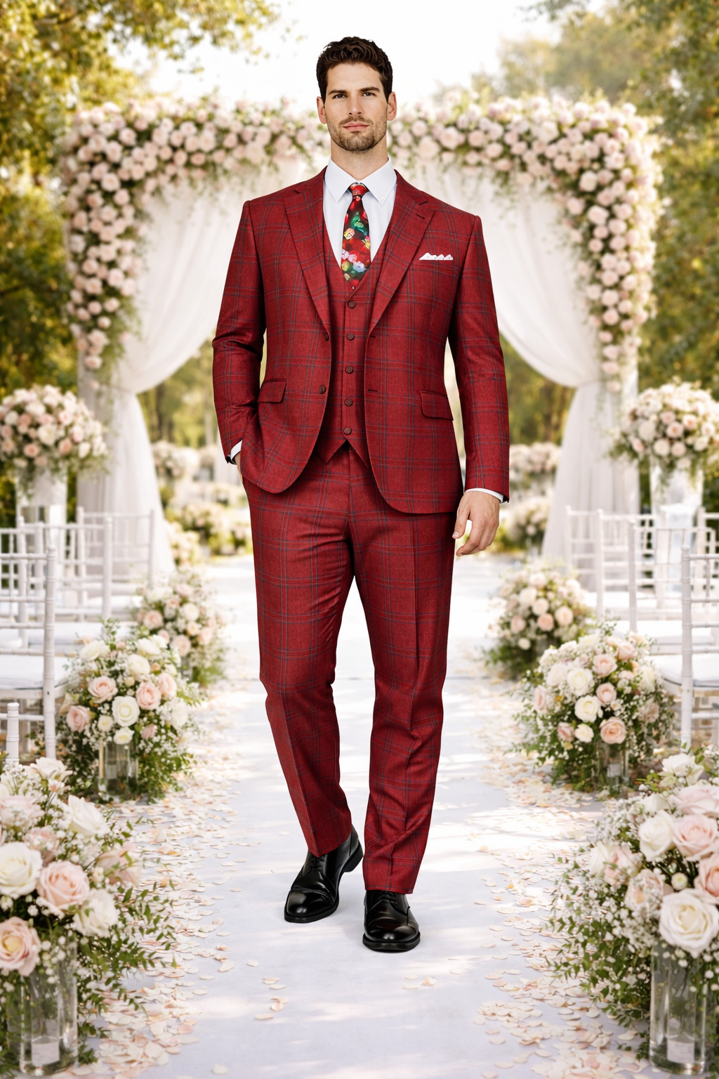 Rossiman Men’s Red & Blue Plaid Double-Breasted Suit - Two-Piece Formalwear by USA Men's Outlet