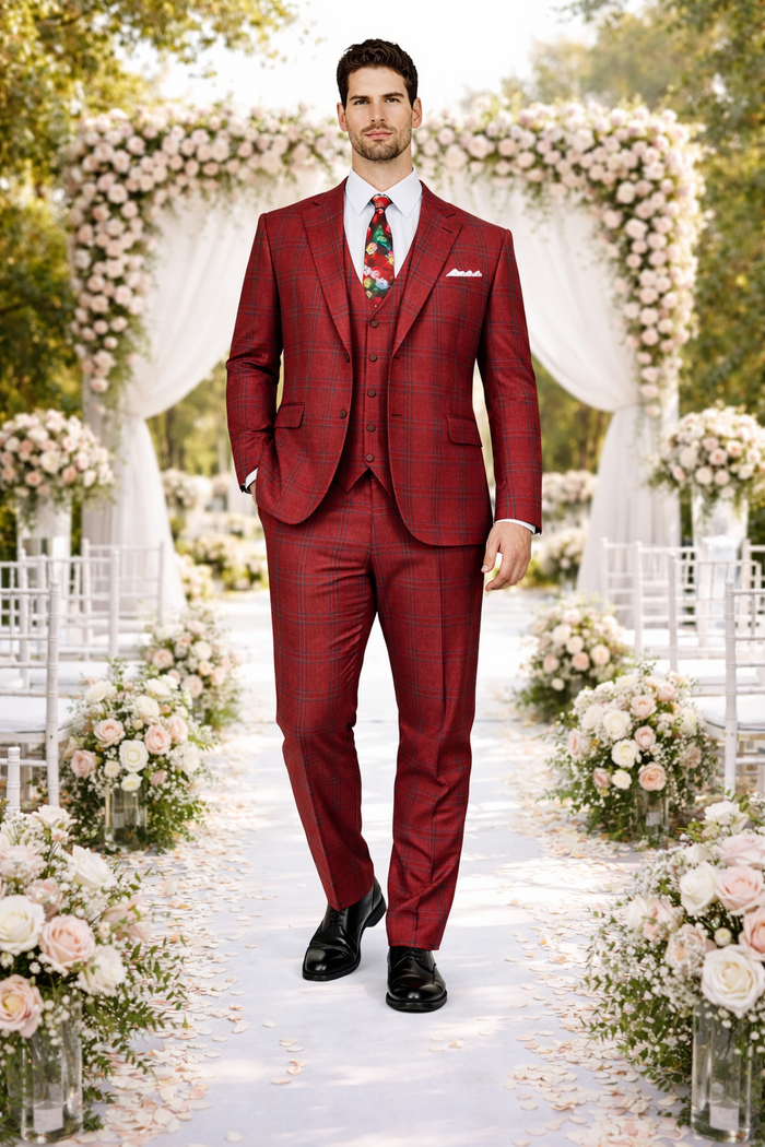 Rossiman Men’s Red & Blue Plaid Double-Breasted Suit - Two-Piece Formalwear by USA Men's Outlet
