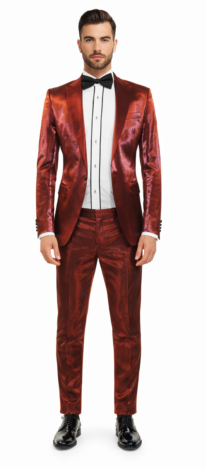 Rossiman Men’s Red Sateen Suit - Glossy Finish Bold Formalwear - Italian Tailored Double-Breasted Luxury Suit by USA Men's Outlet