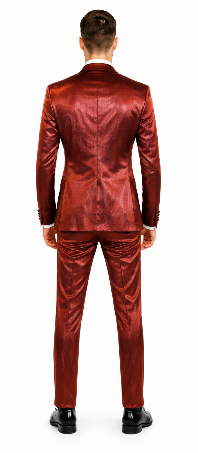 Rossiman Men’s Red Sateen Suit - Glossy Finish Bold Formalwear - Italian Tailored Double-Breasted Luxury Suit by USA Men's Outlet