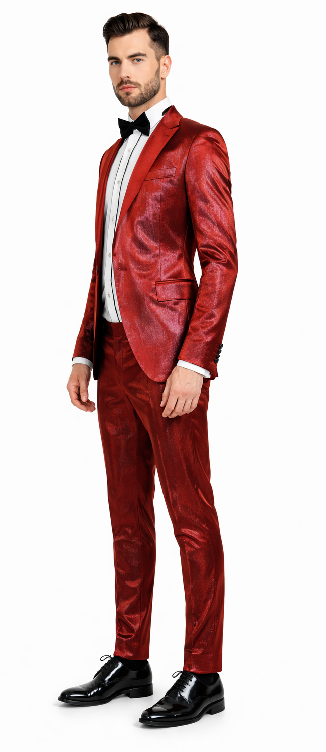 Rossiman Men’s Red Sateen Suit - Glossy Finish Bold Formalwear - Italian Tailored Double-Breasted Luxury Suit by USA Men's Outlet