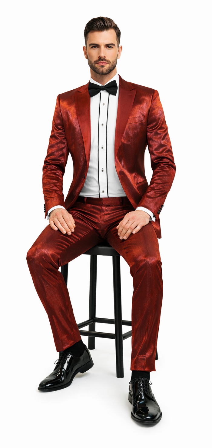 Rossiman Men’s Red Sateen Suit - Glossy Finish Bold Formalwear - Italian Tailored Double-Breasted Luxury Suit by USA Men's Outlet