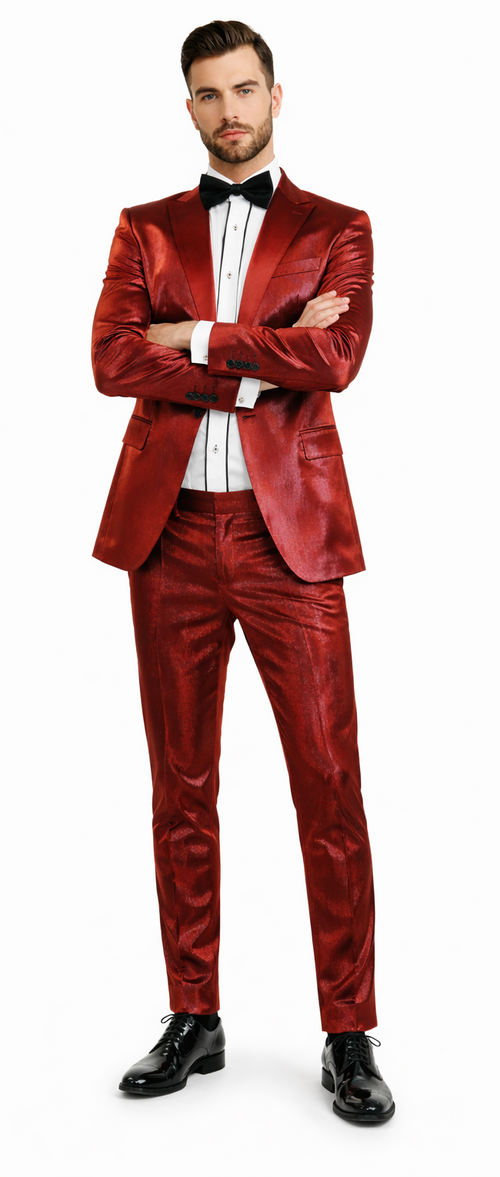 Rossiman Men’s Red Sateen Suit - Glossy Finish Bold Formalwear - Italian Tailored Double-Breasted Luxury Suit by USA Men's Outlet