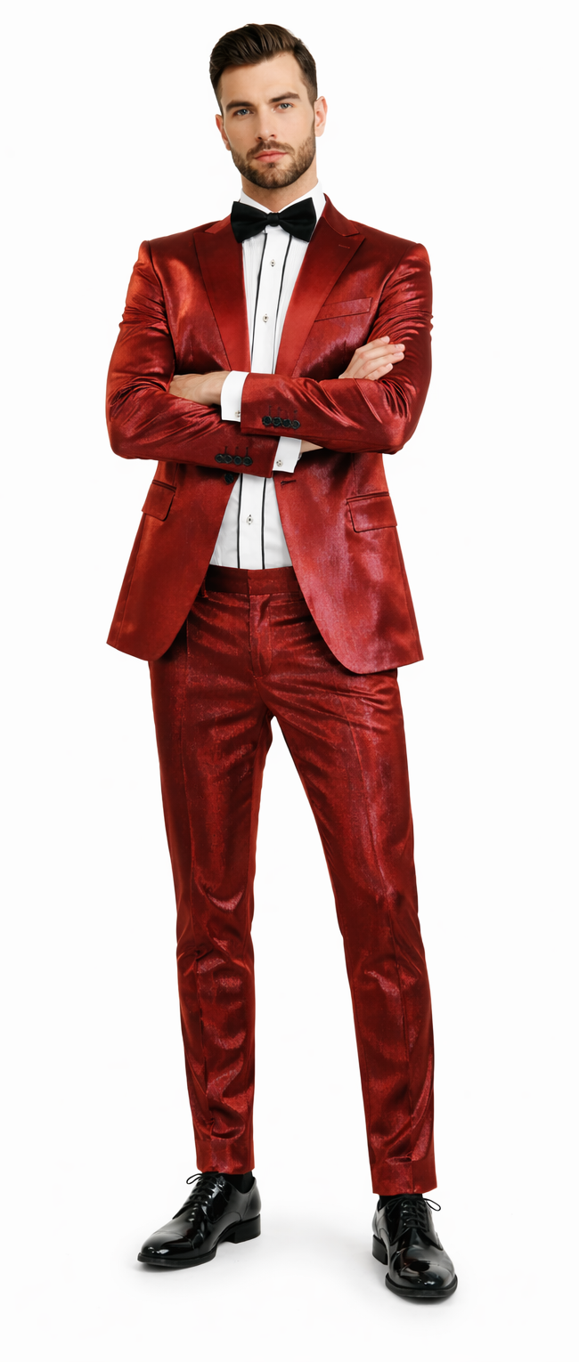 Rossiman Men’s Red Sateen Suit - Glossy Finish Bold Formalwear - Italian Tailored Double-Breasted Luxury Suit by USA Men's Outlet