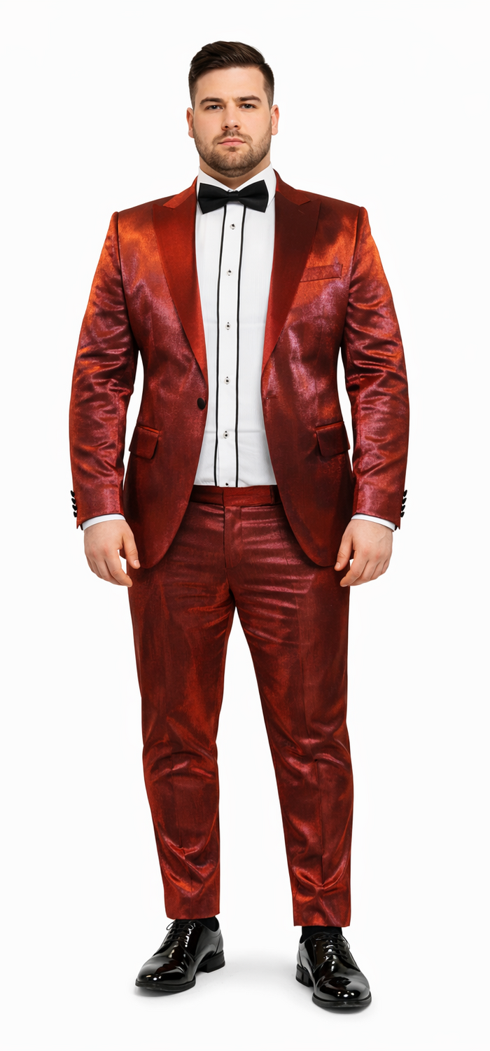 Rossiman Men’s Red Sateen Suit - Glossy Finish Bold Formalwear - Italian Tailored Double-Breasted Luxury Suit by USA Men's Outlet