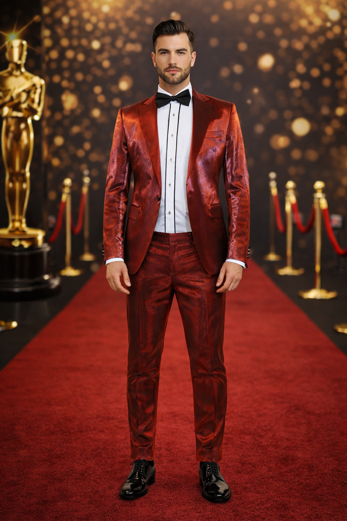 Rossiman Men’s Red Sateen Suit - Glossy Finish Bold Formalwear - Italian Tailored Double-Breasted Luxury Suit by USA Men's Outlet