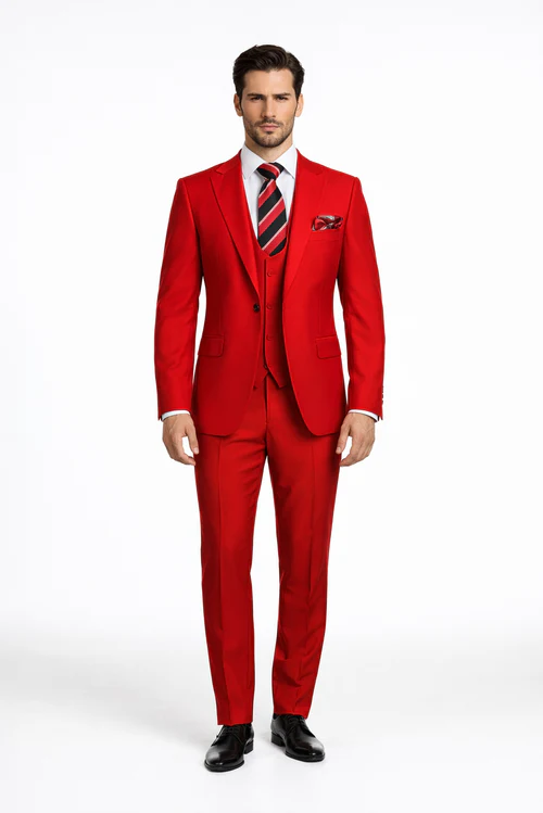 Rossiman Men’s Red Slim Fit Suit - Stylish Double-Breasted Jacket - Italian Tailored 3-Piece Luxury Suit for Men by USA Men's Outlet