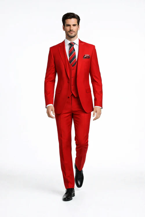 Rossiman Men’s Red Slim Fit Suit - Stylish Double-Breasted Jacket - Italian Tailored 3-Piece Luxury Suit for Men by USA Men's Outlet