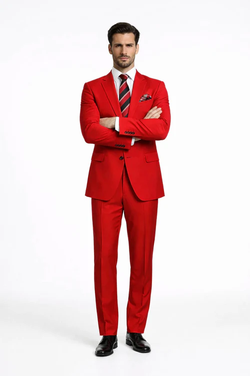 Rossiman Men’s Red Slim Fit Suit - Stylish Double-Breasted Jacket - Italian Tailored 3-Piece Luxury Suit for Men by USA Men's Outlet