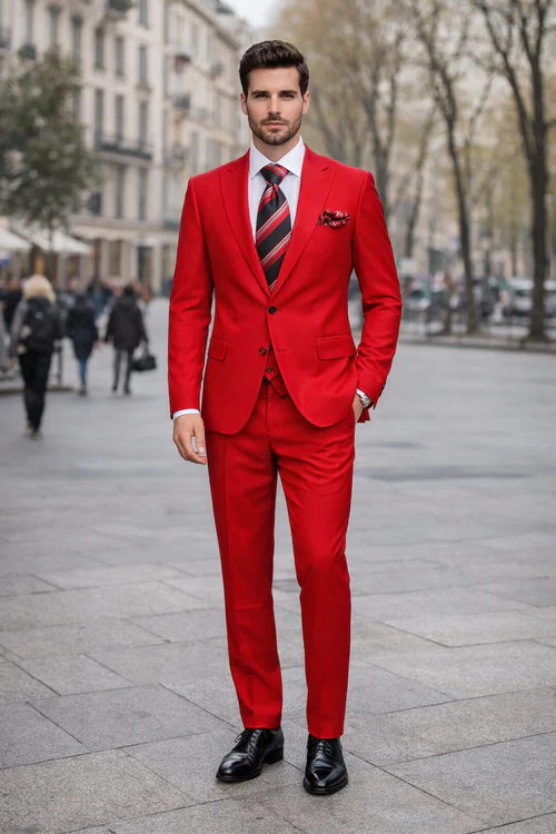 Rossiman Men’s Red Slim Fit Suit - Stylish Double-Breasted Jacket - Italian Tailored 3-Piece Luxury Suit for Men by USA Men's Outlet