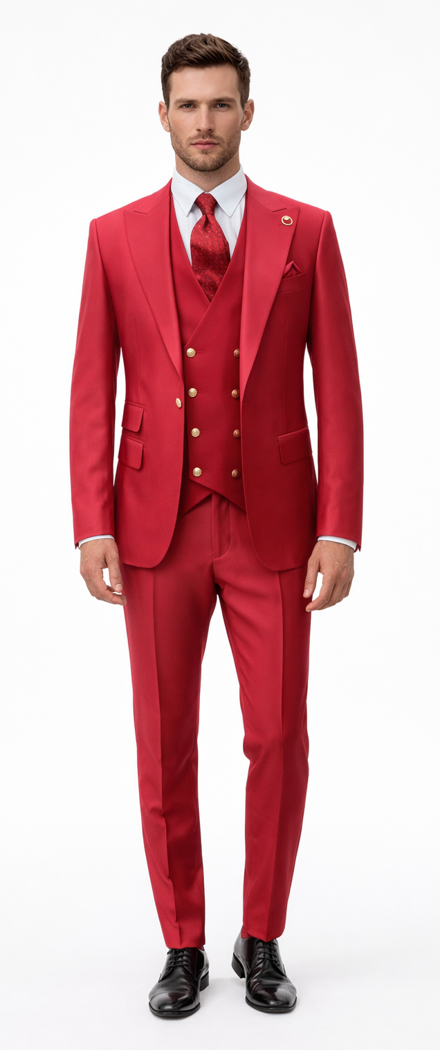 Rossiman Men’s Red Suit - Stylish 1-Button Peak Lapel Jacket & Double-Breasted Vest - Italian Tailored Luxury 3-Piece Suit USA Men's Outlet