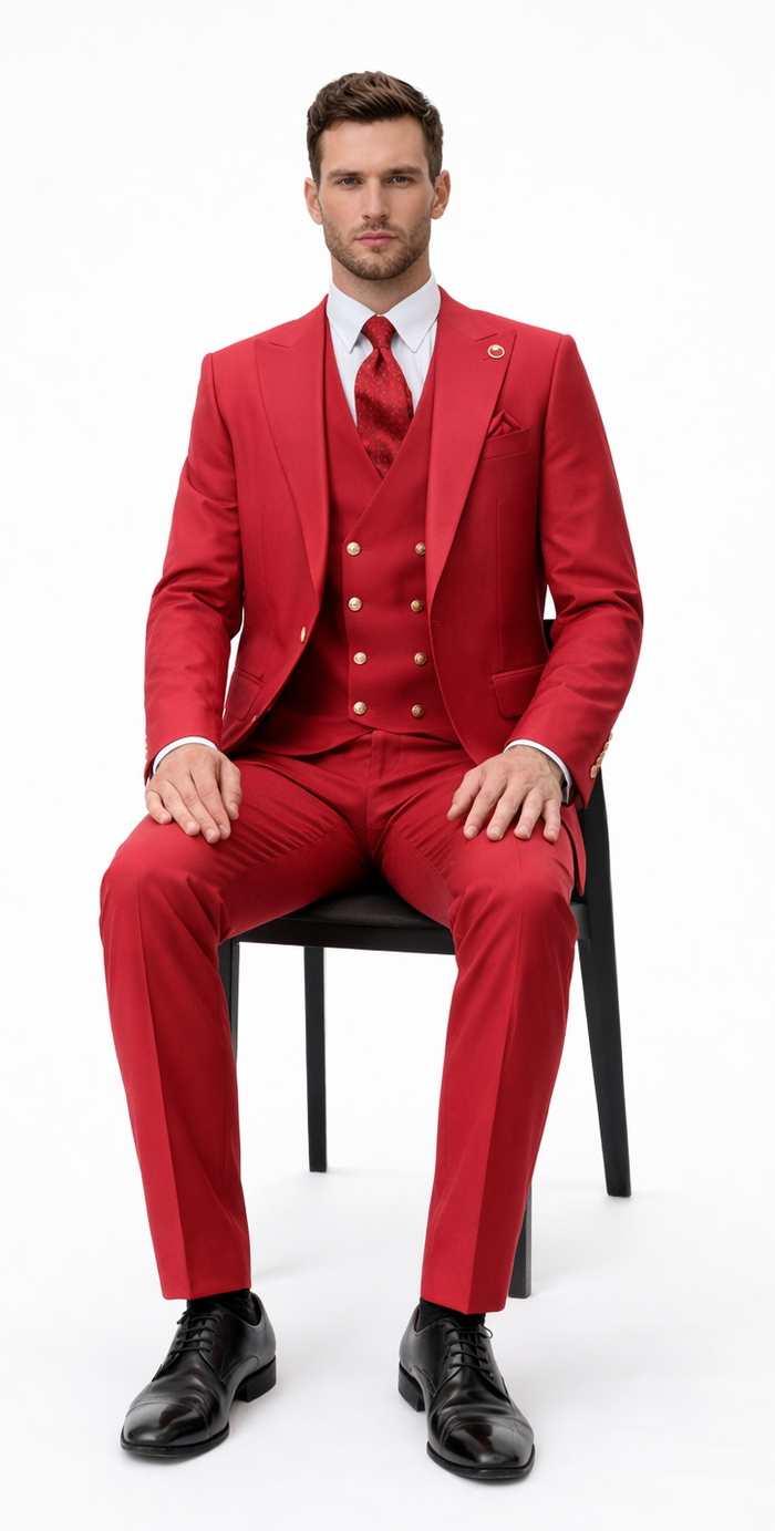 Rossiman Men’s Red Suit - Stylish 1-Button Peak Lapel Jacket & Double-Breasted Vest - Italian Tailored Luxury 3-Piece Suit USA Men's Outlet