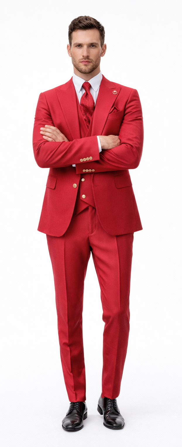 Rossiman Men’s Red Suit - Stylish 1-Button Peak Lapel Jacket & Double-Breasted Vest - Italian Tailored Luxury 3-Piece Suit USA Men's Outlet