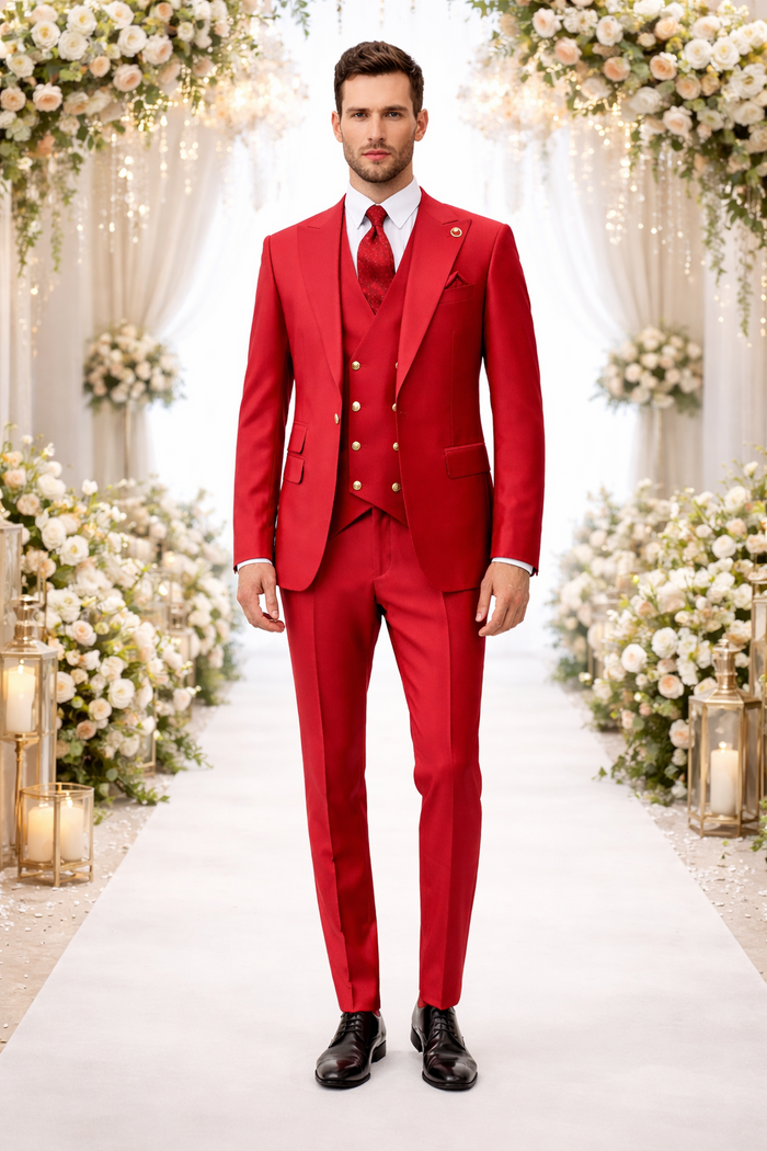 Rossiman Men’s Red Suit - Stylish 1-Button Peak Lapel Jacket & Double-Breasted Vest - Italian Tailored Luxury 3-Piece Suit USA Men's Outlet