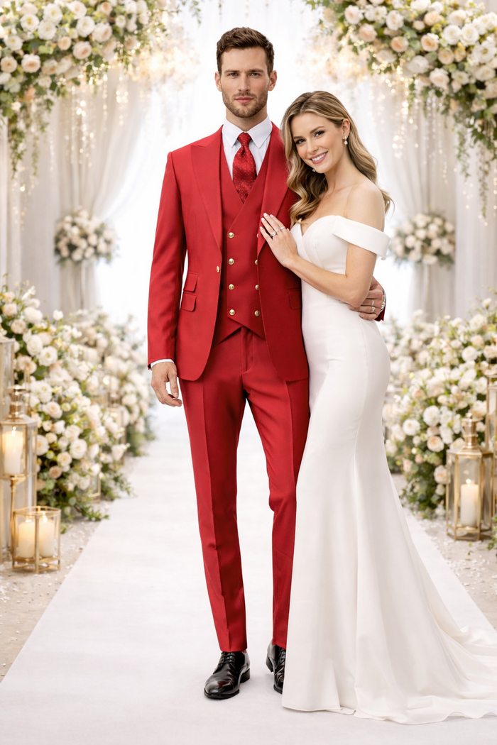 Rossiman Men’s Red Suit - Stylish 1-Button Peak Lapel Jacket & Double-Breasted Vest - Italian Tailored Luxury 3-Piece Suit USA Men's Outlet