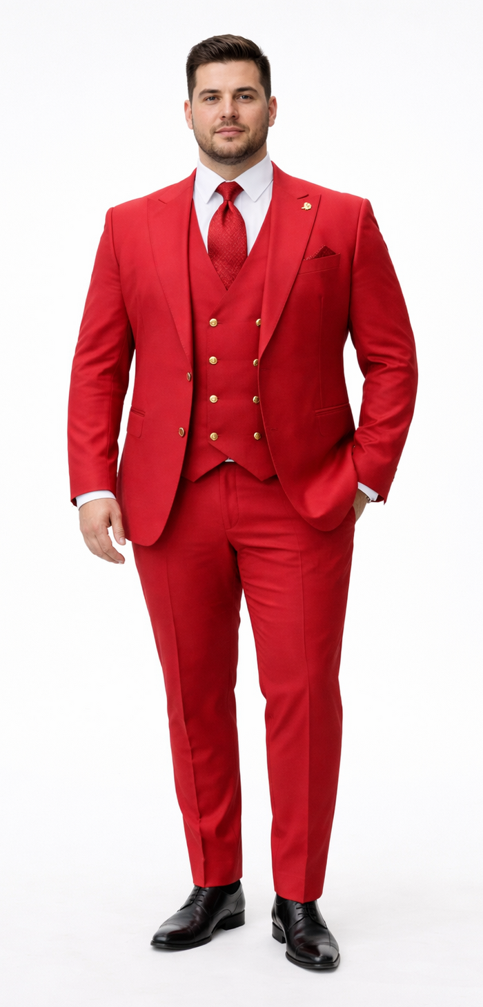 Rossiman Men’s Red Suit - Stylish 1-Button Peak Lapel Jacket & Double-Breasted Vest - Italian Tailored Luxury 3-Piece Suit USA Men's Outlet