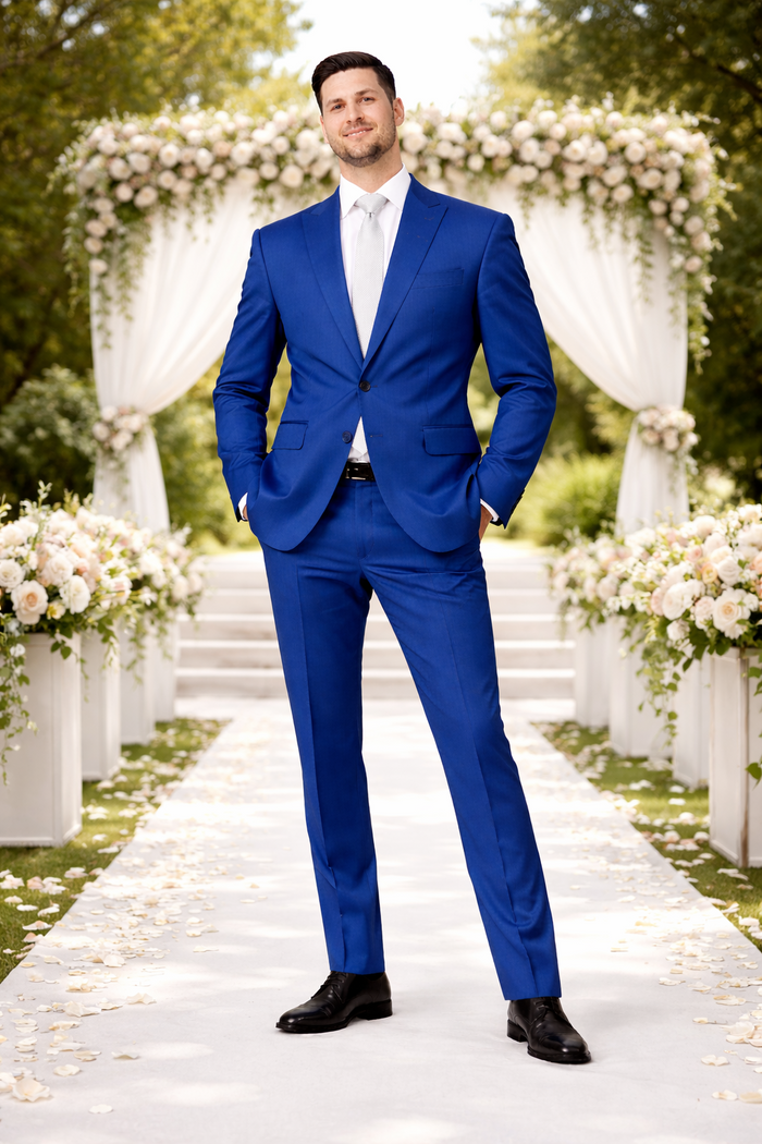 Rossiman Men’s Royal Blue Glossy Sateen Suit - Bold & Refined Look - Italian Luxury Double-Breasted Suit for Men USA Men's Outlet