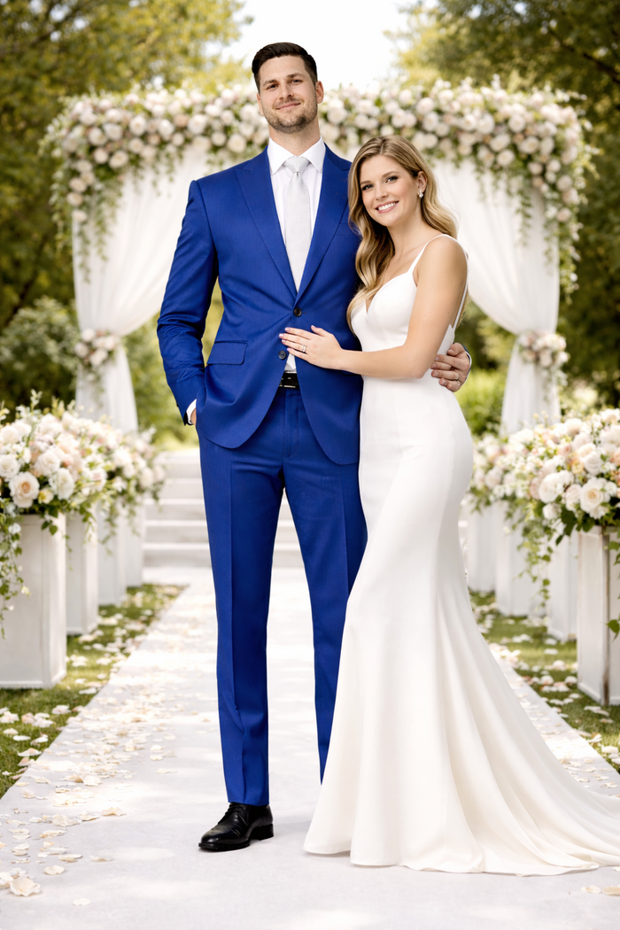 Rossiman Men’s Royal Blue Glossy Sateen Suit - Bold & Refined Look - Italian Luxury Double-Breasted Suit for Men USA Men's Outlet