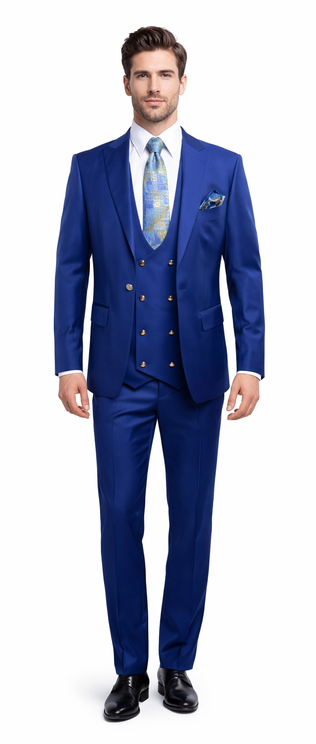 Rossiman Men’s Royal Blue Slim Fit Suit - Sophisticated Double-Breasted Design - Italian Tailored 3-Piece Luxury Suit USA Men's Outlet