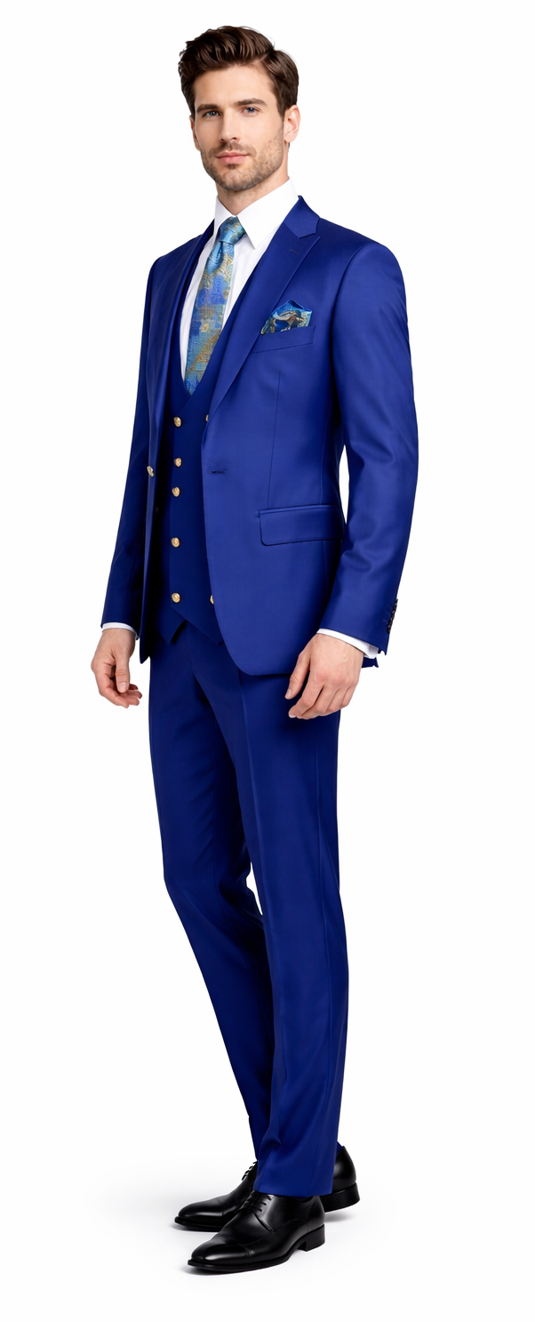 Rossiman Men’s Royal Blue Slim Fit Suit - Sophisticated Double-Breasted Design - Italian Tailored 3-Piece Luxury Suit USA Men's Outlet