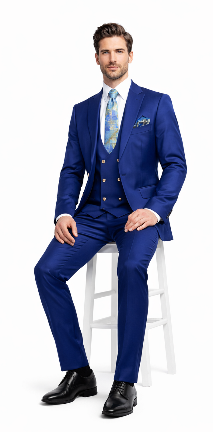 Rossiman Men’s Royal Blue Slim Fit Suit - Sophisticated Double-Breasted Design - Italian Tailored 3-Piece Luxury Suit USA Men's Outlet