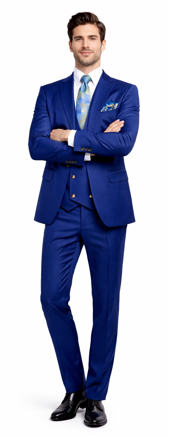 Rossiman Men’s Royal Blue Slim Fit Suit - Sophisticated Double-Breasted Design - Italian Tailored 3-Piece Luxury Suit USA Men's Outlet
