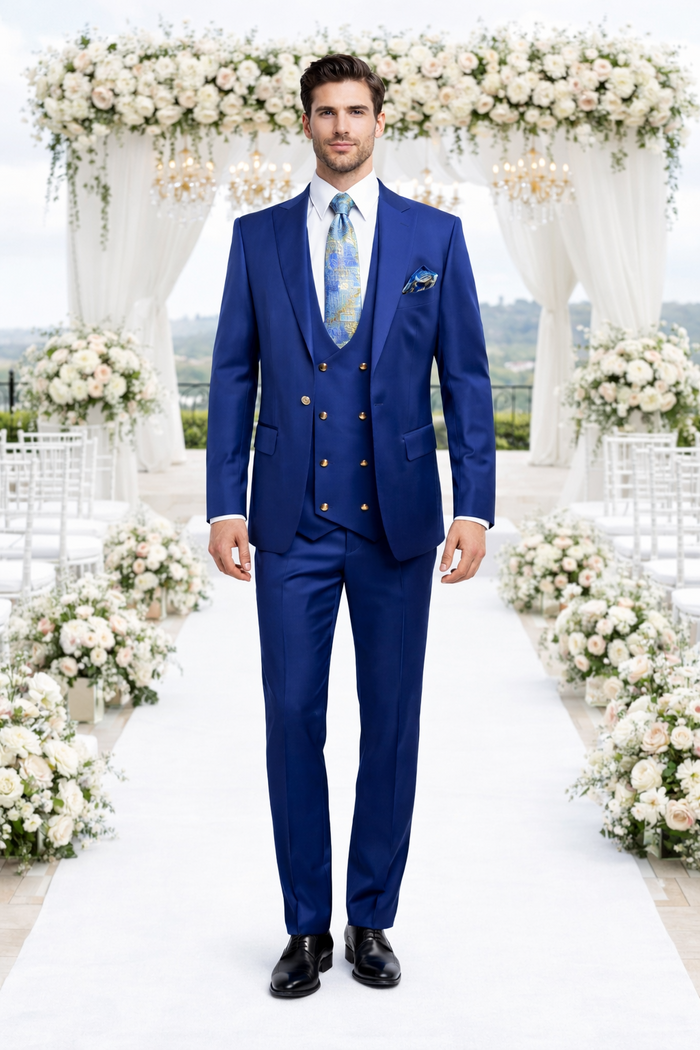 Rossiman Men’s Royal Blue Slim Fit Suit - Sophisticated Double-Breasted Design - Italian Tailored 3-Piece Luxury Suit USA Men's Outlet