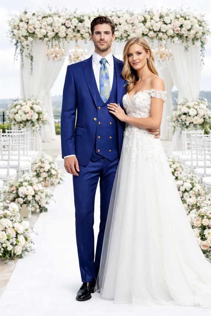 Rossiman Men’s Royal Blue Slim Fit Suit - Sophisticated Double-Breasted Design - Italian Tailored 3-Piece Luxury Suit USA Men's Outlet