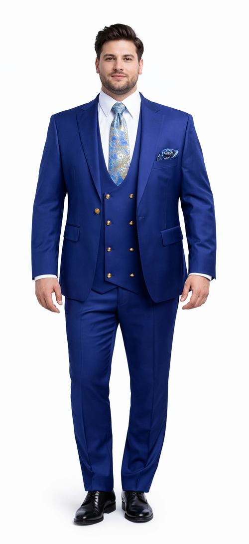 Rossiman Men’s Royal Blue Slim Fit Suit - Sophisticated Double-Breasted Design - Italian Tailored 3-Piece Luxury Suit USA Men's Outlet