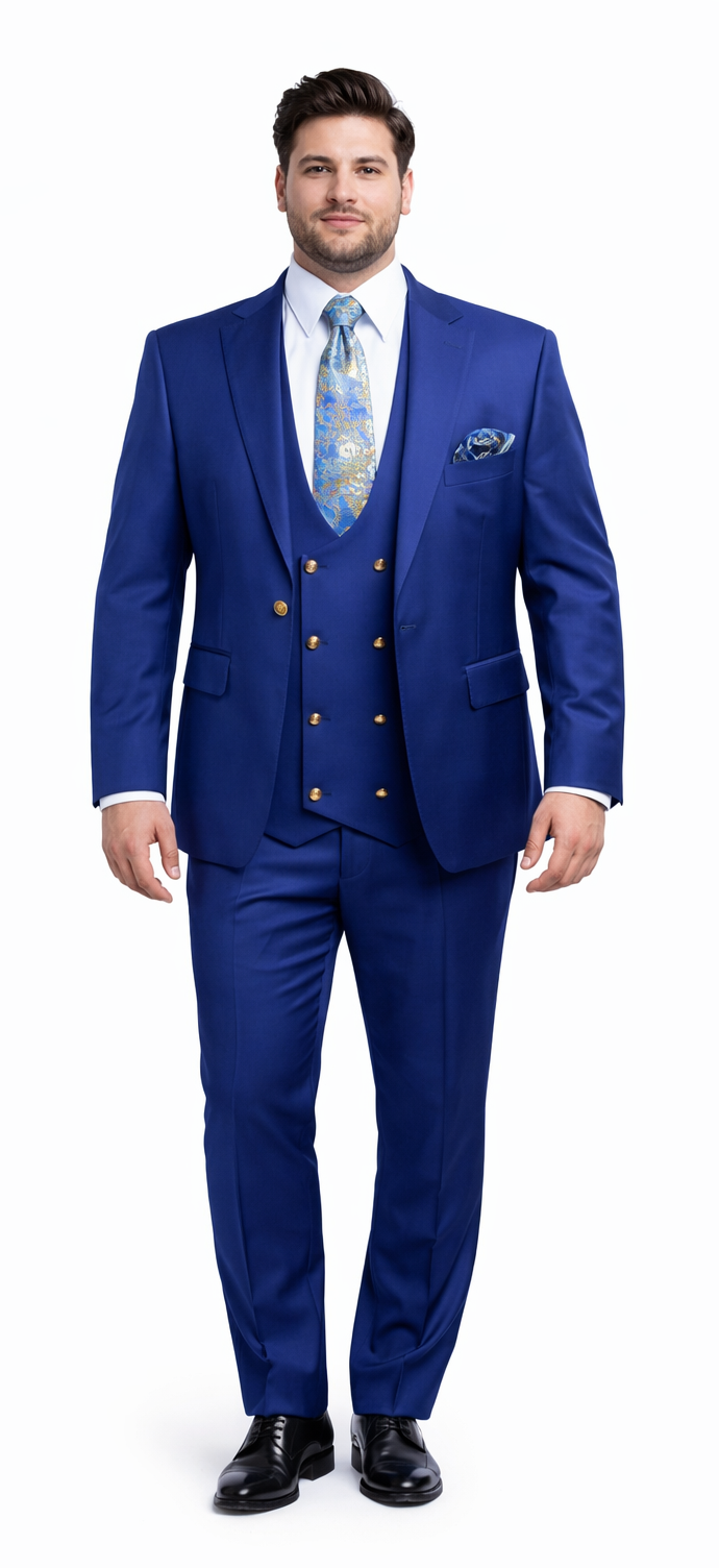 Rossiman Men’s Royal Blue Slim Fit Suit - Sophisticated Double-Breasted Design - Italian Tailored 3-Piece Luxury Suit USA Men's Outlet