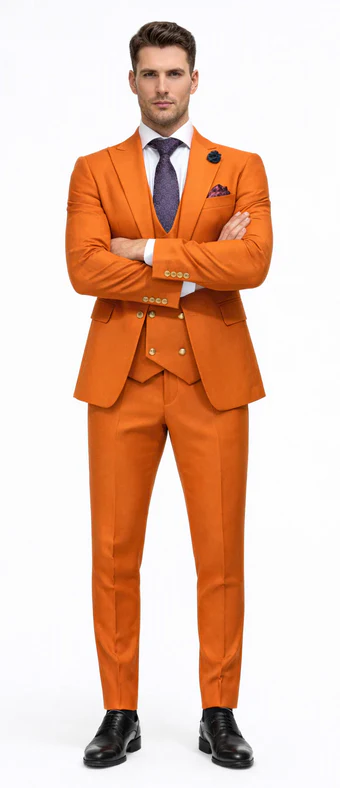 Rossiman Men’s Rust Slim Fit Suit - 3-Piece Set with Double-Breasted Vest & Flat Front Pants - Italian Tailored Luxury USA Men's Outlet