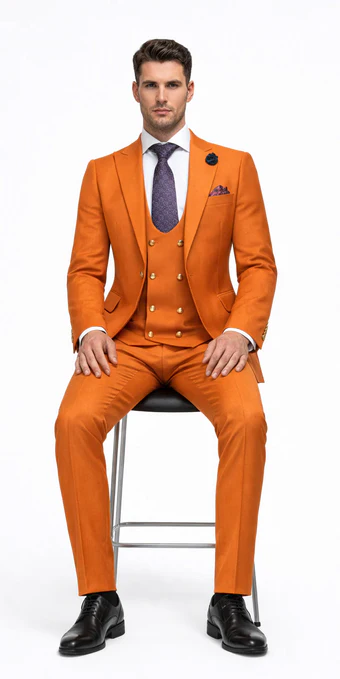 Rossiman Men’s Rust Slim Fit Suit - 3-Piece Set with Double-Breasted Vest & Flat Front Pants - Italian Tailored Luxury USA Men's Outlet