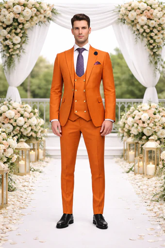 Rossiman Men’s Rust Slim Fit Suit - 3-Piece Set with Double-Breasted Vest & Flat Front Pants - Italian Tailored Luxury USA Men's Outlet
