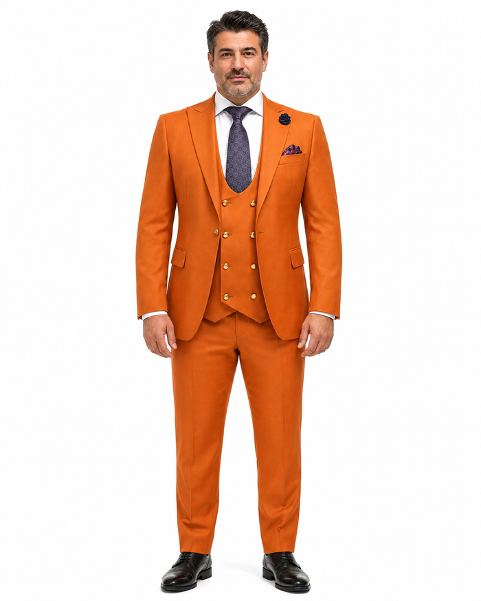 Rossiman Men’s Rust Slim Fit Suit - 3-Piece Set with Double-Breasted Vest & Flat Front Pants - Italian Tailored Luxury USA Men's Outlet