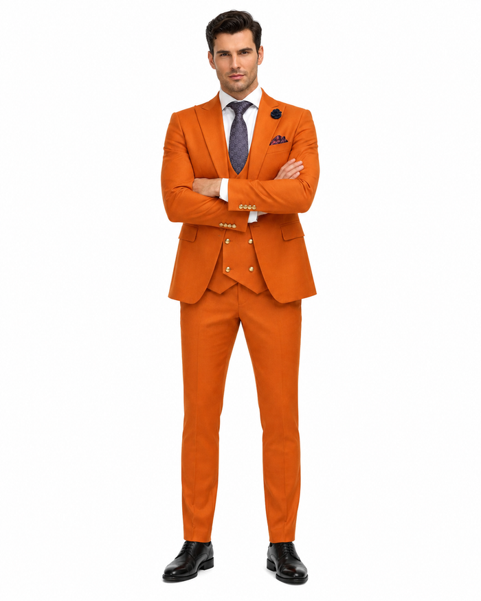 Rossiman Men’s Rust Slim Fit Suit - 3-Piece Set with Double-Breasted Vest & Flat Front Pants - Italian Tailored Luxury USA Men's Outlet