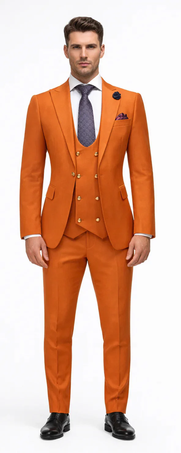 Rossiman Men’s Rust Slim Fit Suit - 3-Piece Set with Double-Breasted Vest & Flat Front Pants - Italian Tailored Luxury USA Men's Outlet