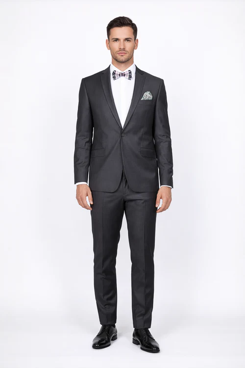 Rossiman Men’s Slim Fit Gray Wool Suit - 1-Button Peak Lapel Jacket & Tapered Low-Rise Pants - Italian Tailored 3-Piece Luxury Suit by USA Men's Outlet