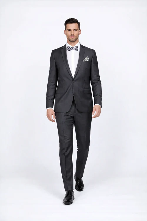 Rossiman Men’s Slim Fit Gray Wool Suit - 1-Button Peak Lapel Jacket & Tapered Low-Rise Pants - Italian Tailored 3-Piece Luxury Suit by USA Men's Outlet