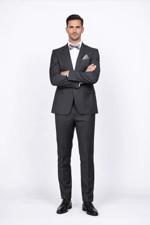 Rossiman Men’s Slim Fit Gray Wool Suit - 1-Button Peak Lapel Jacket & Tapered Low-Rise Pants - Italian Tailored 3-Piece Luxury Suit by USA Men's Outlet