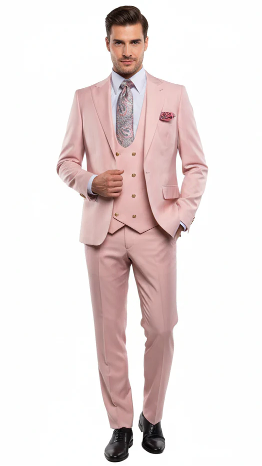 Rossiman Men’s Slim Fit Pink Suit - Elegant Double-Breasted Vest & Tailored Flat Front Pants - Italian 3-Piece Luxury Suit USA Men's Outlet