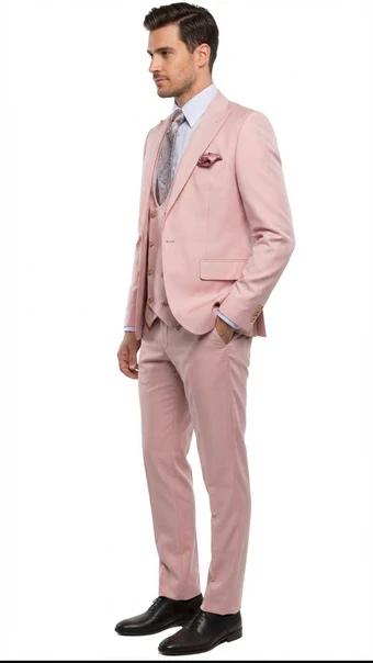 Rossiman Men’s Slim Fit Pink Suit - Elegant Double-Breasted Vest & Tailored Flat Front Pants - Italian 3-Piece Luxury Suit USA Men's Outlet