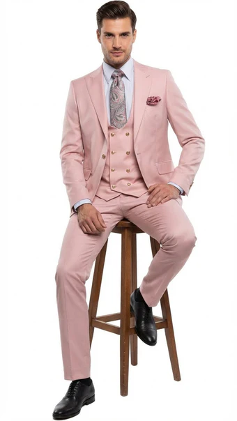 Rossiman Men’s Slim Fit Pink Suit - Elegant Double-Breasted Vest & Tailored Flat Front Pants - Italian 3-Piece Luxury Suit USA Men's Outlet