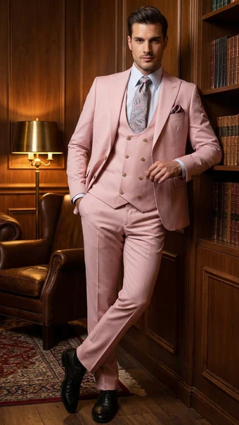 Rossiman Men’s Slim Fit Pink Suit - Elegant Double-Breasted Vest & Tailored Flat Front Pants - Italian 3-Piece Luxury Suit USA Men's Outlet